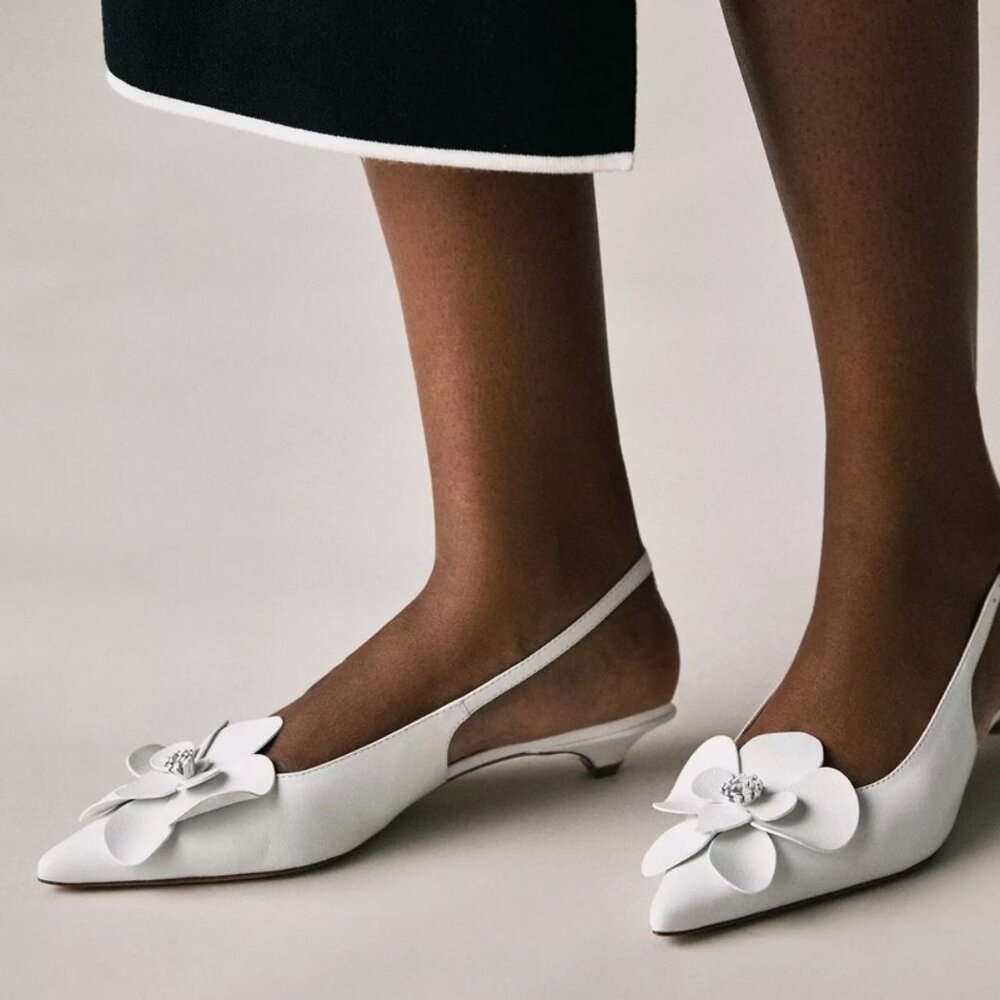 NIB Maeve Floral Slingback Heels Anthropologie Kitten Heel Sandals in White 37 - Picture 2 of 10